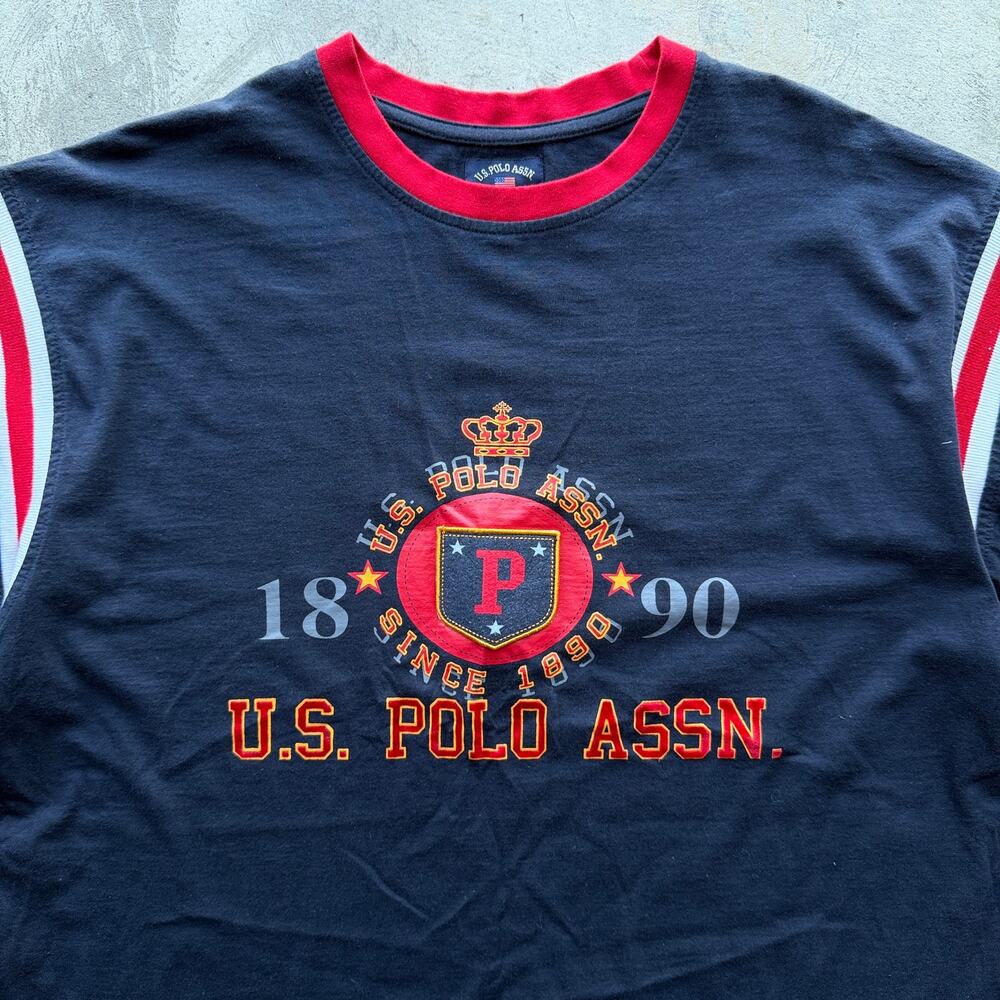 Vintage Y2K U.S. Polo Assn Crest Graphic Ringer Tee XL Navy